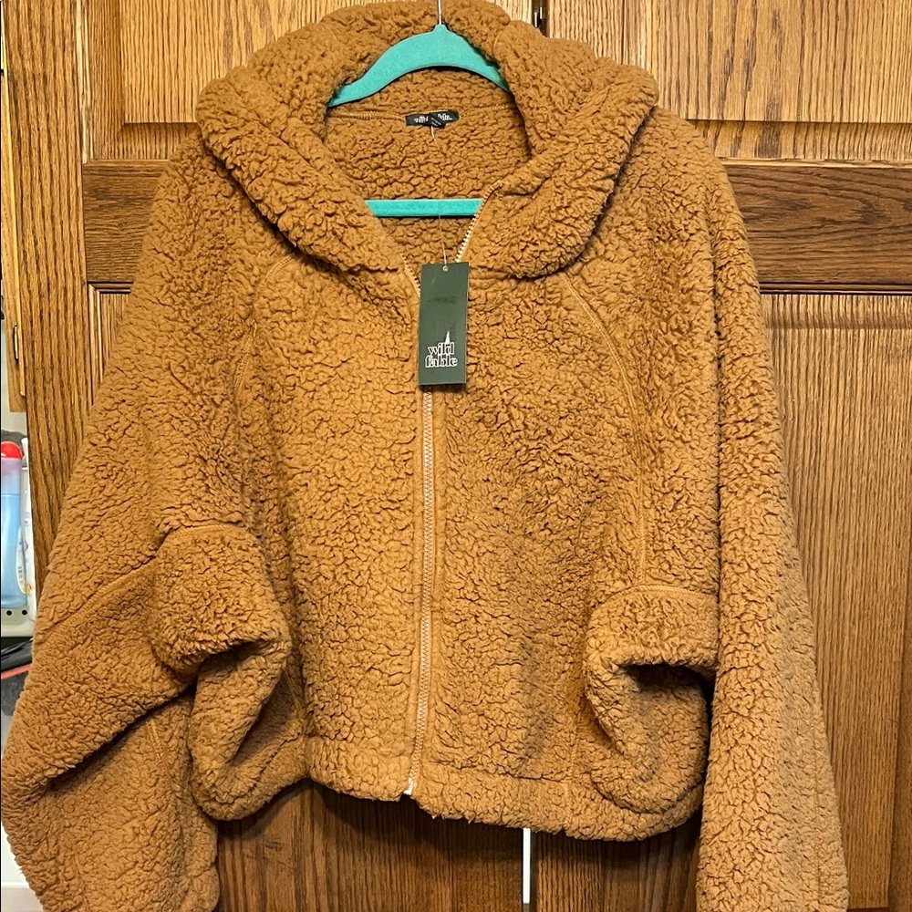 Light Brown teddy bear Sherpa Zip Hooded Jacket soft cozy wild fable xxl nwt